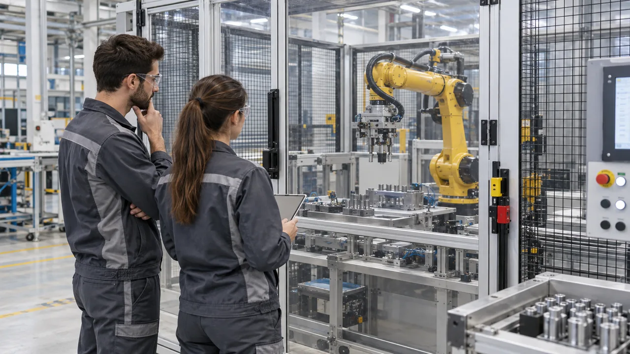 Due tecnici osservano una cella robotizzata dall’esterno delle protezioni in un reparto industriale, in una scena illustrativa.