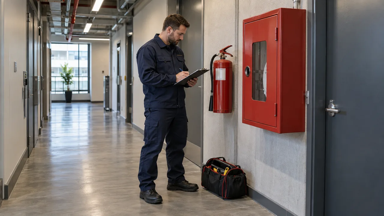 Referente di un’azienda antincendio con un tablet in un ambiente professionale con estintori ordinati, in una scena illustrativa.