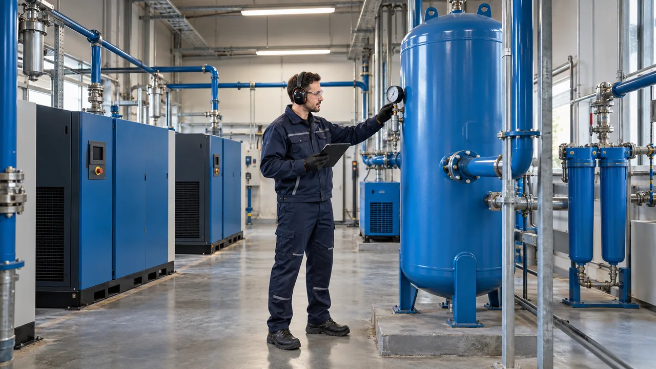 Tecnico controlla le informazioni di un impianto in una sala compressori.