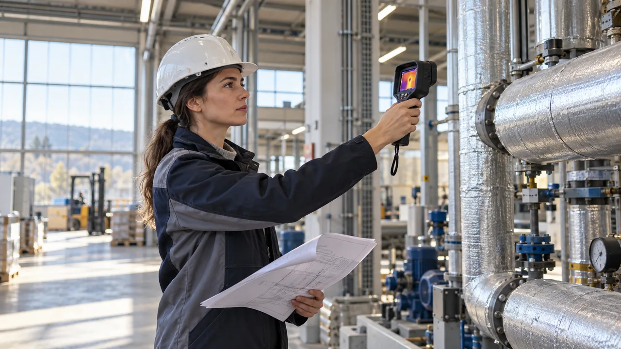 Scena illustrativa generata con AI: una tecnica utilizza una termocamera durante un sopralluogo presso un edificio produttivo.