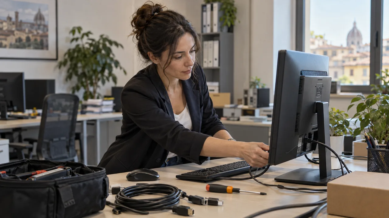 Una tecnica informatica prepara una postazione di lavoro in un ufficio luminoso.