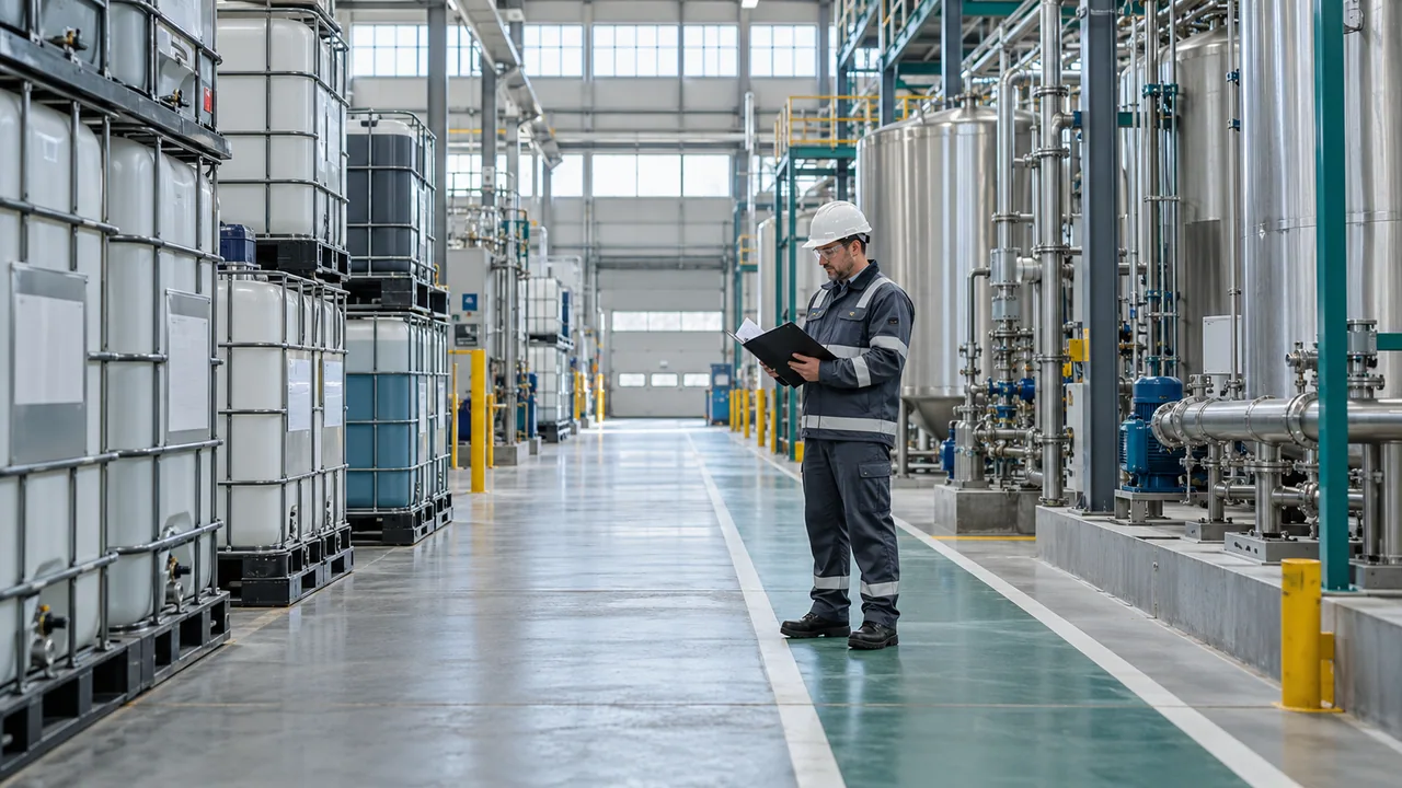 Responsabile consulta la documentazione in un’area industriale ordinata con contenitori e impianti inox.