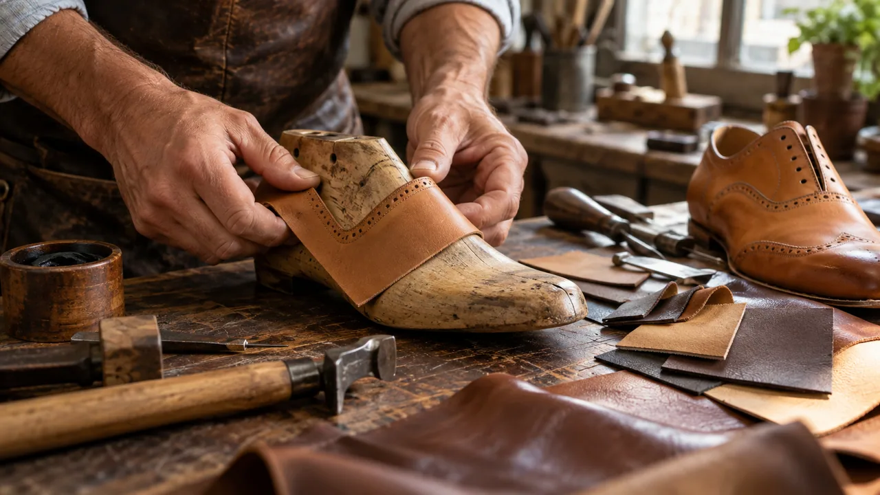 Mani al lavoro su un campione di pelle accanto a una forma da scarpa e strumenti di laboratorio