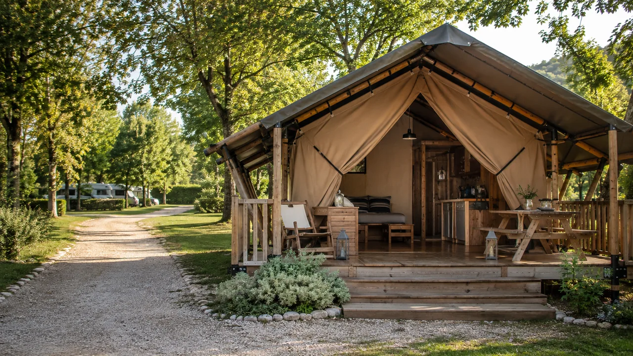 Tenda glamping con terrazza in legno e percorso tra le piazzole di un campeggio immerso nel verde.