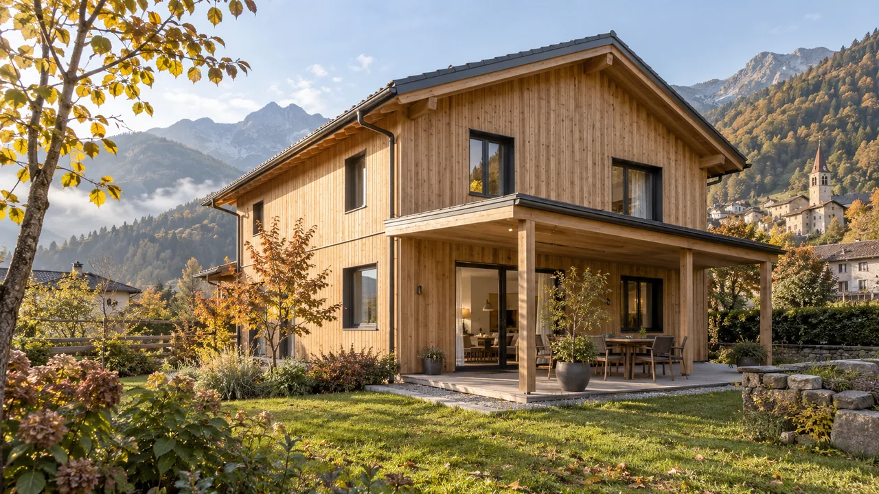 Casa a due piani con rivestimento in legno e portico in un paesaggio prealpino.