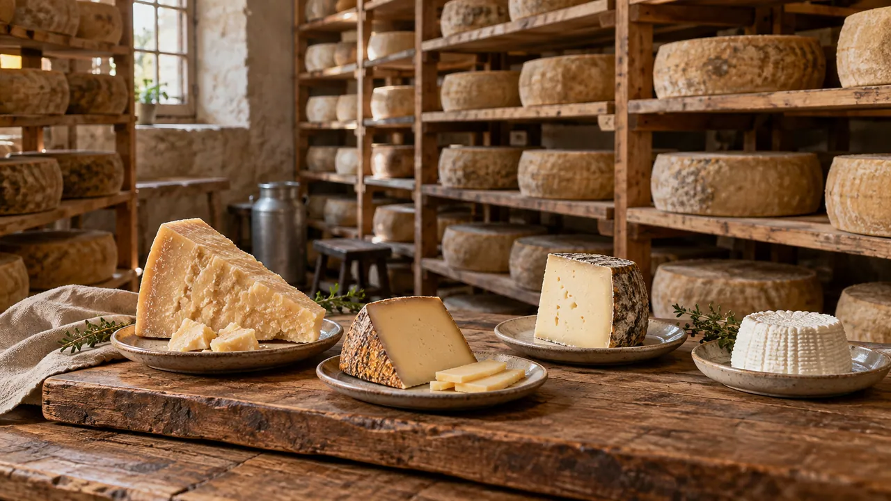 Forme di formaggio su scaffali di stagionatura e un banco con tagli per la degustazione