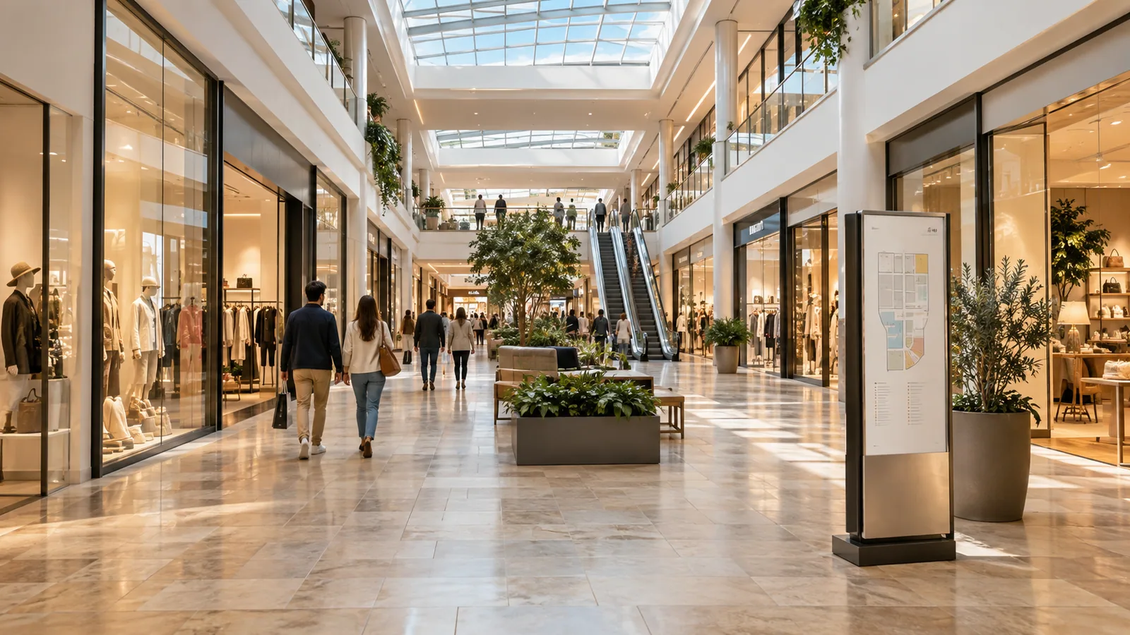 Galleria commerciale luminosa con vetrine, percorsi pedonali e spazi di sosta per i visitatori.