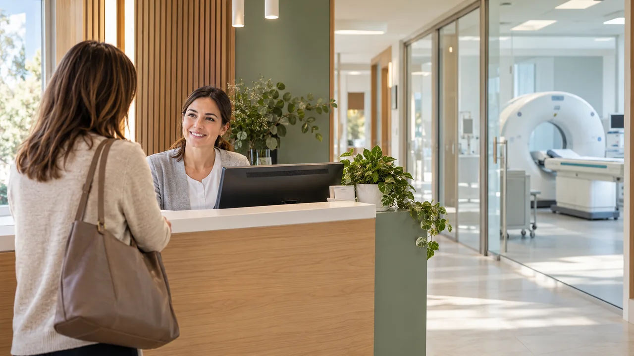 Scena illustrativa generata con AI: reception luminosa di un centro diagnostico con l’area esami sullo sfondo.