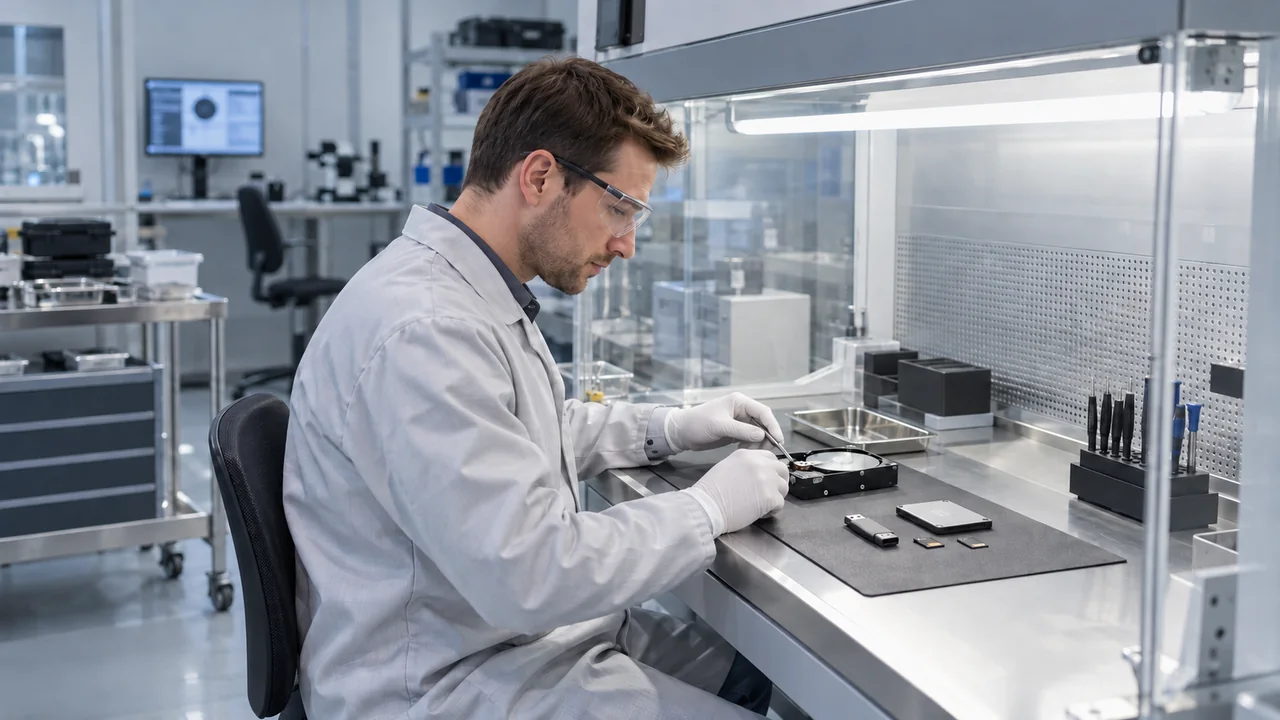 Tecnico esamina un supporto di memoria in un laboratorio specializzato dotato di banco a flusso filtrato.