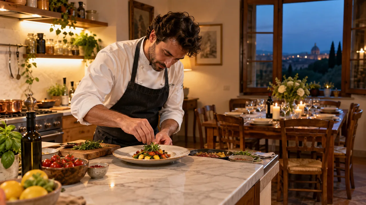 Scena illustrativa generata con AI: uno chef impiatta una cena nella cucina di una casa con il tavolo già apparecchiato.