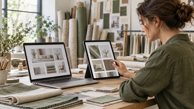 Una professionista confronta il catalogo di un sito su portatile e tablet in uno studio tessile
