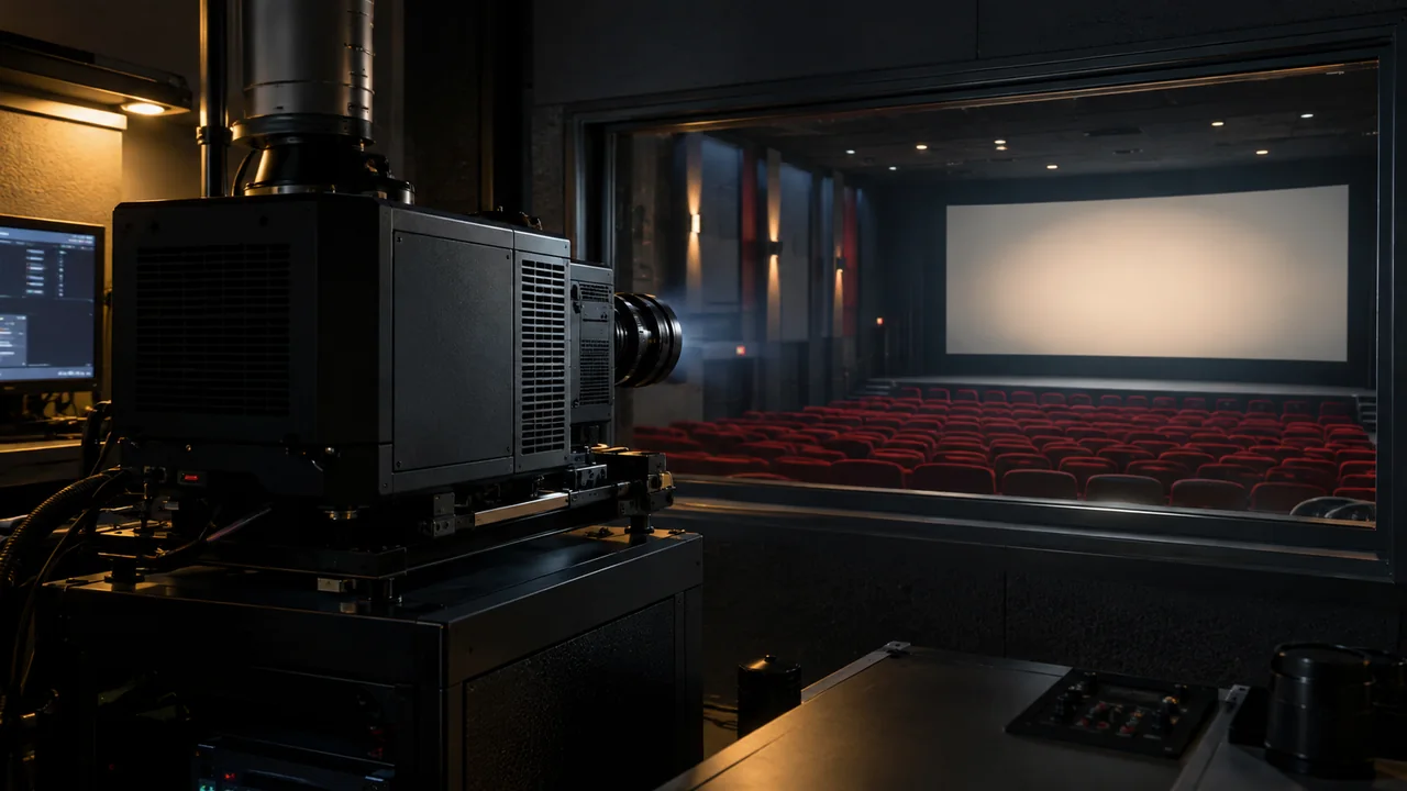 Proiettore digitale nella cabina di un cinema con la sala e le file di poltrone visibili oltre il vetro.