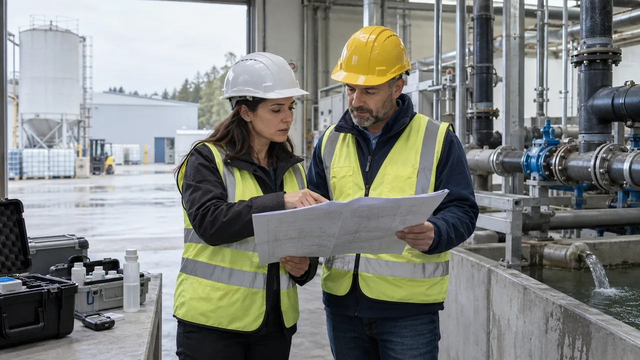 Due professionisti con casco e gilet esaminano una planimetria durante un sopralluogo presso un impianto.