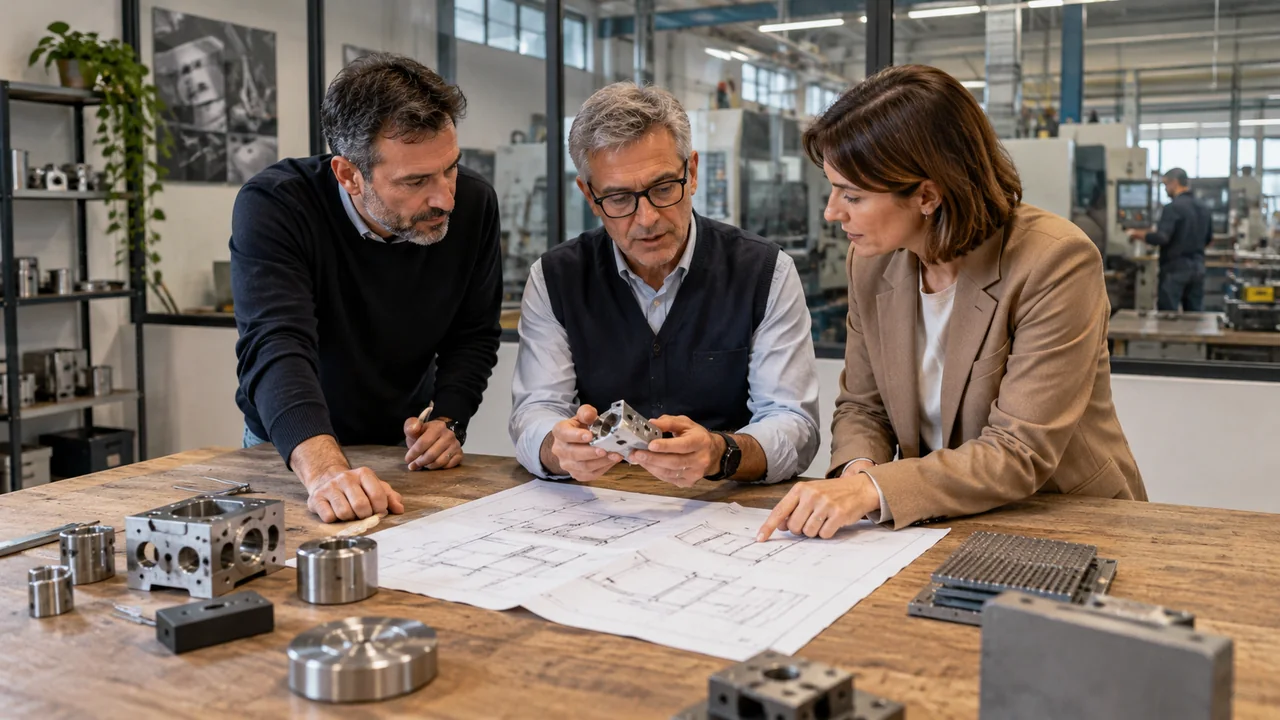 Scena illustrativa generata con AI: tre professionisti esaminano un componente e una planimetria durante una riunione in azienda.