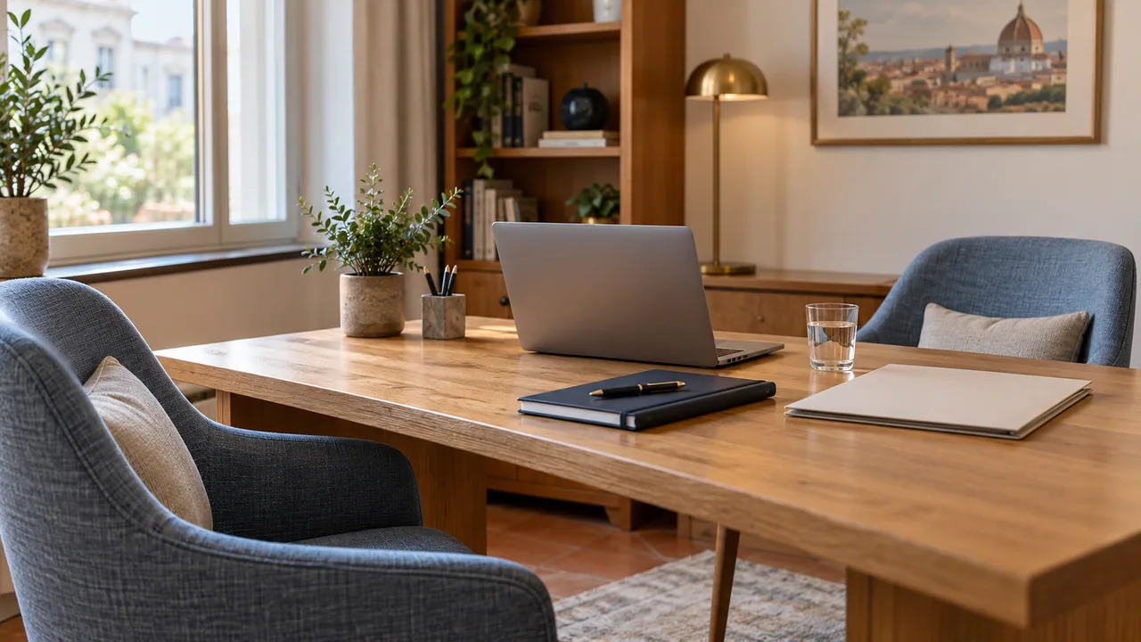 Tavolo per un colloquio professionale con laptop e blocco appunti