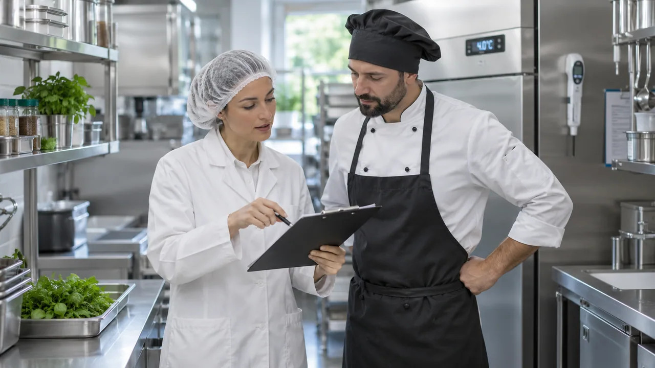 Consulente e responsabile di cucina esaminano una scheda di controllo in una cucina professionale.