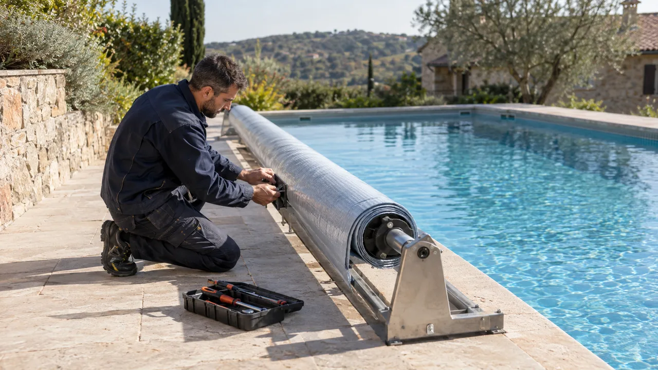 Un tecnico controlla la copertura di una piscina residenziale durante un sopralluogo in giardino.