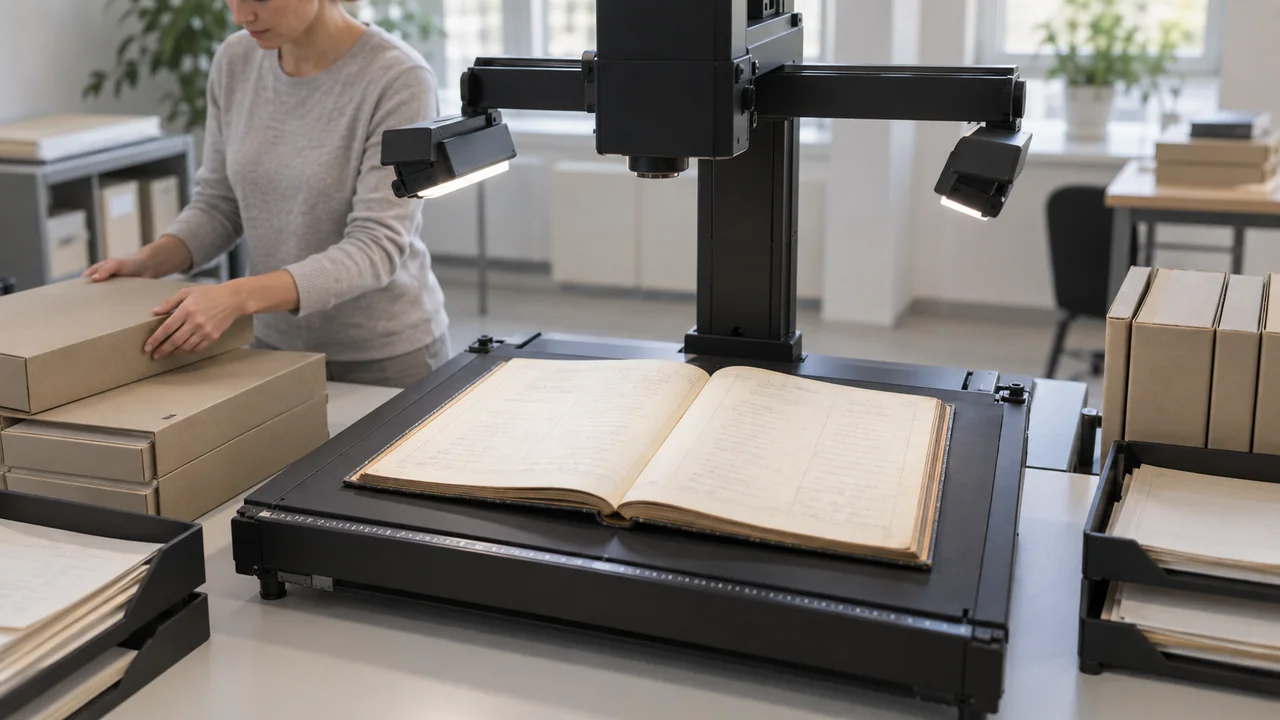 Scena illustrativa: uno scanner planetario acquisisce un registro dimostrativo, accanto a fascicoli e contenitori per l'archivio.