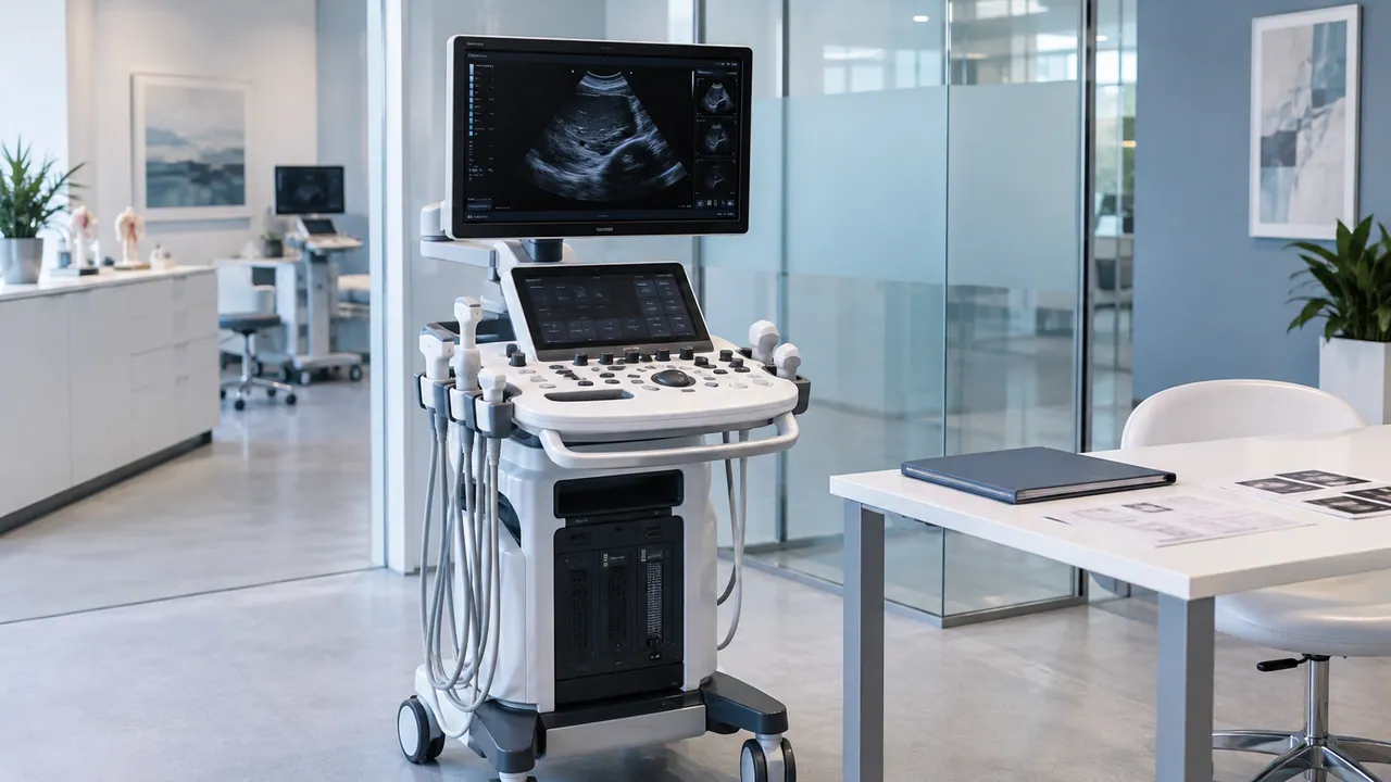 Apparecchiatura medicale in una sala dimostrativa con documentazione tecnica sul tavolo