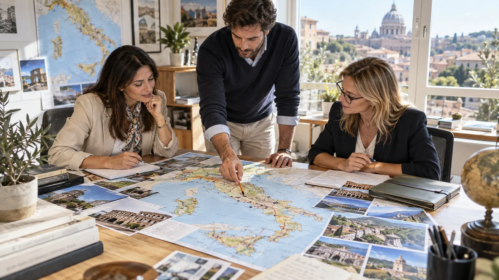 Professionisti del turismo preparano un itinerario su una mappa italiana, con appunti e materiali di viaggio.