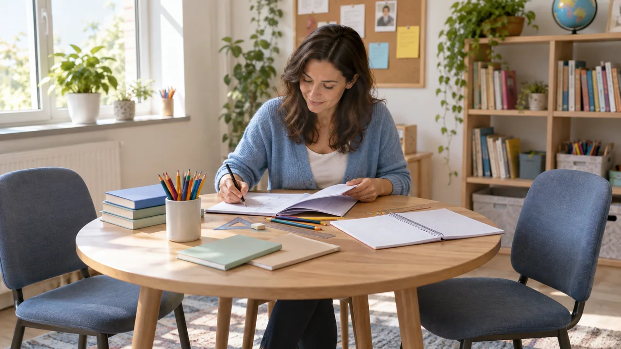 Scena illustrativa: tutor prepara una lezione con quaderni e materiali didattici.