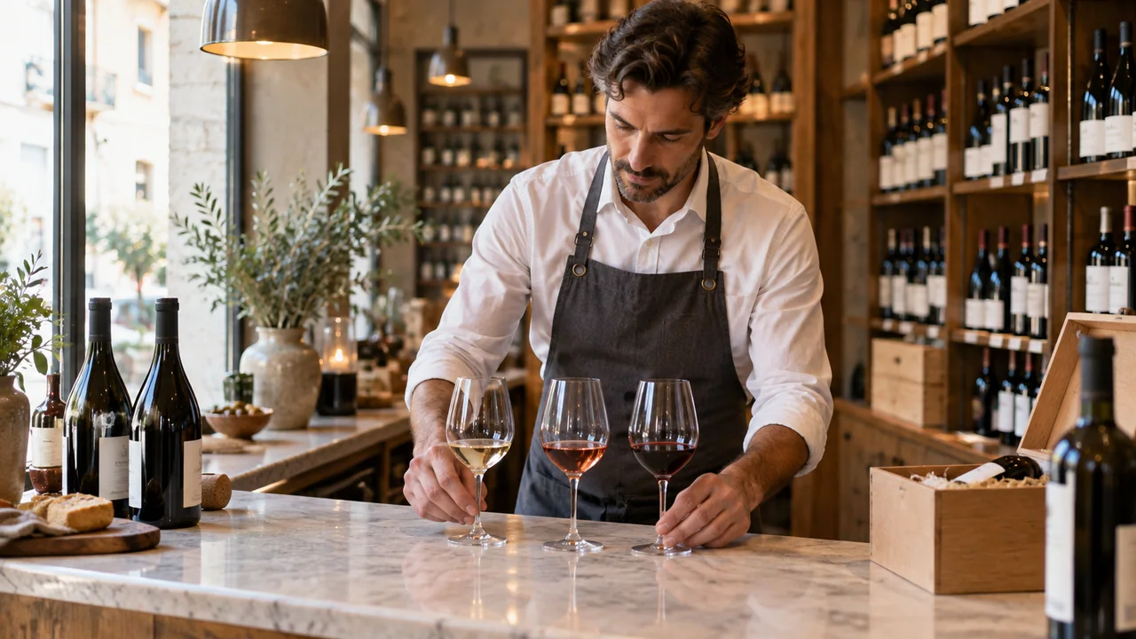 Scena illustrativa: sommelier prepara tre calici per una degustazione al banco di un’enoteca.