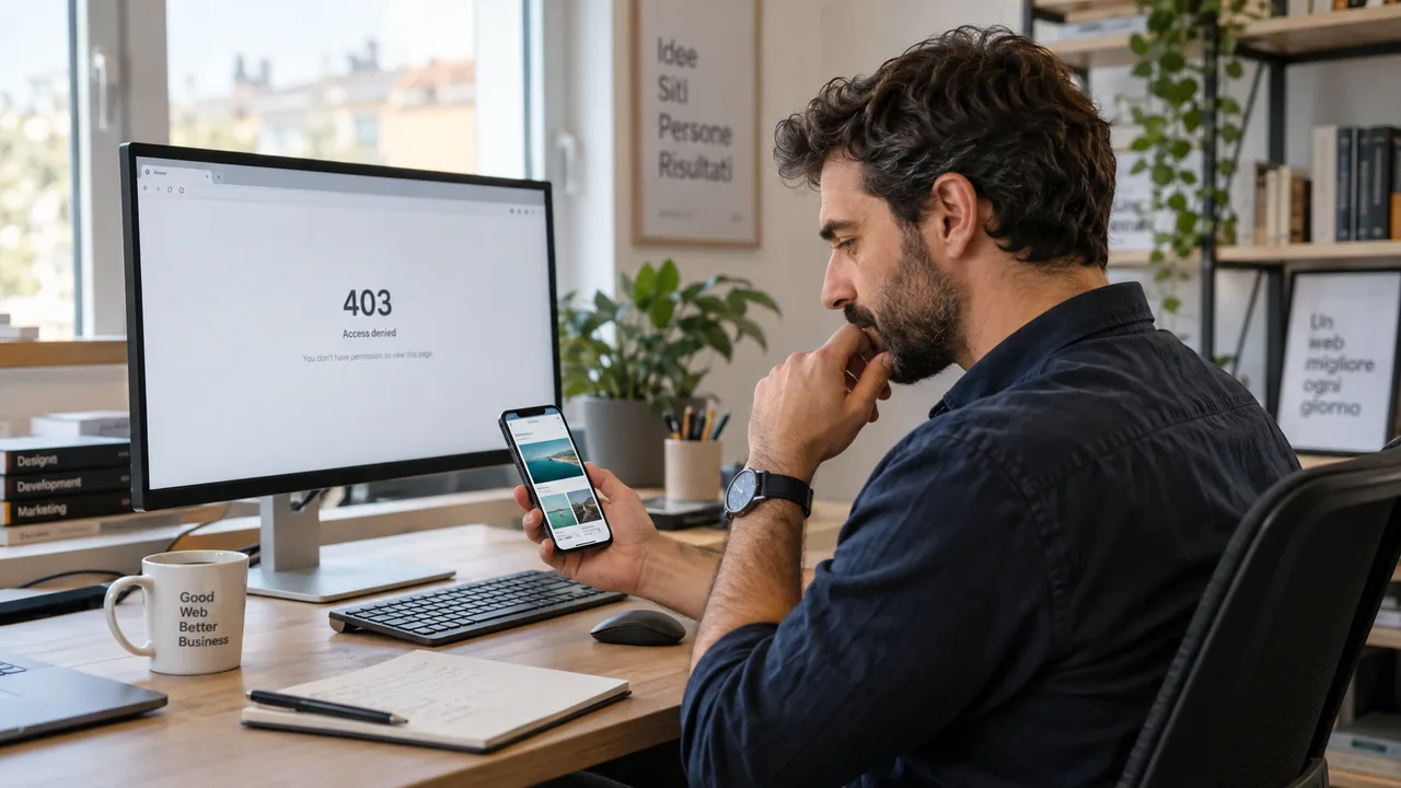 Tecnico confronta una pagina del sito sul computer e sullo smartphone in un ufficio luminoso.