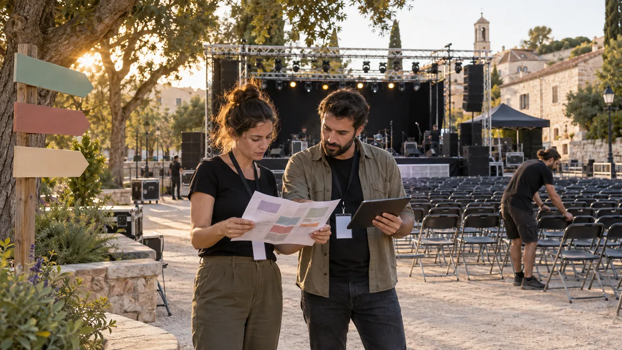 Staff confronta il programma durante l’allestimento di un festival all’aperto, con palco e sedute.