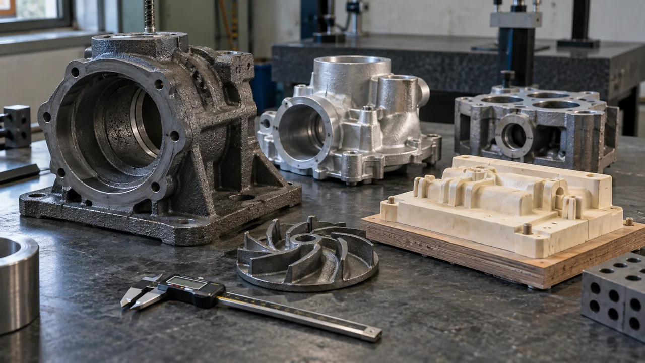 Scena illustrativa generata con AI: getti metallici, un modello di fusione e un calibro su un banco industriale.