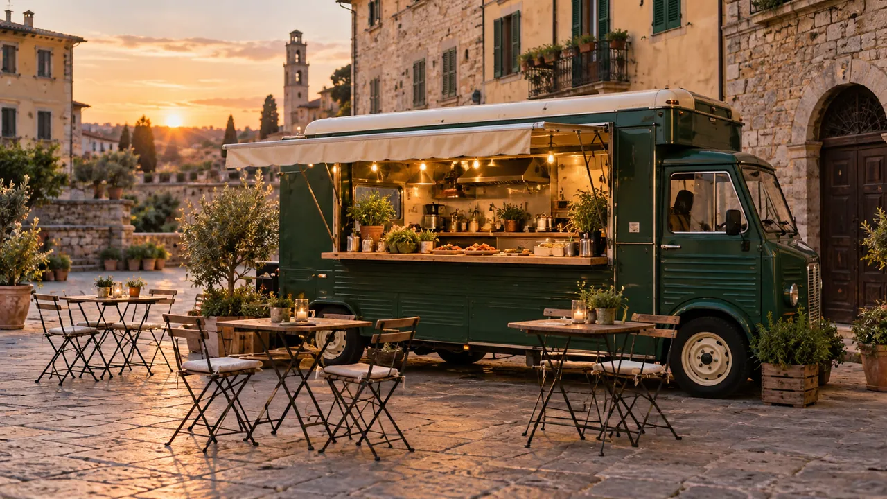 Food truck con banco di servizio aperto e tavolini in una piazza al tramonto.