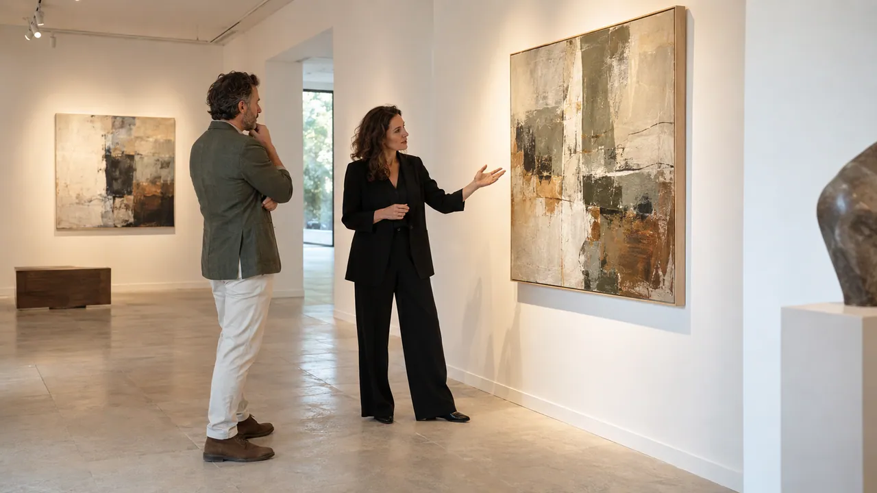 Scena illustrativa: gallerista e visitatore osservano un dipinto in una galleria d’arte.