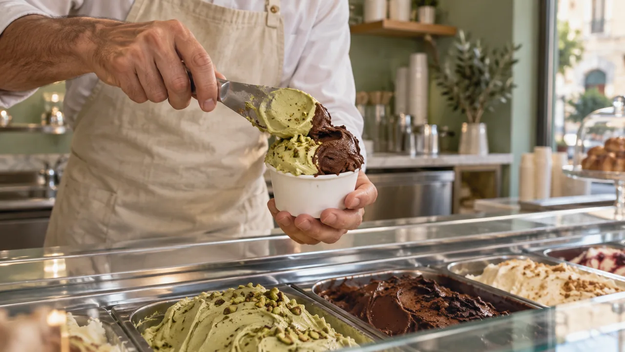 Preparazione di una coppetta da asporto con gelato al pistacchio e al cioccolato davanti al banco dei gusti.