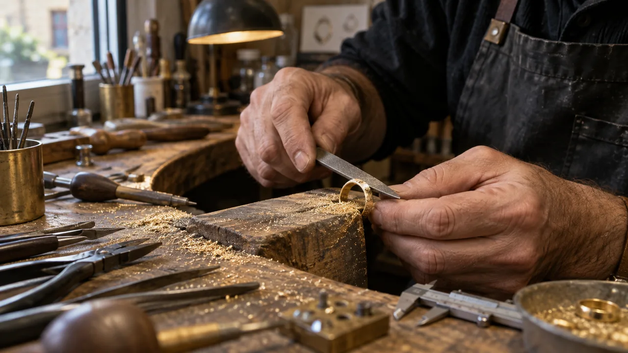 Le mani di un orafo lavorano a un anello su un banco con strumenti di precisione.