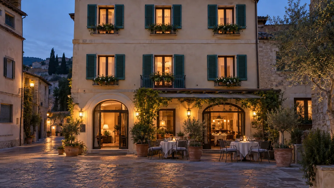 Scena illustrativa: piccolo hotel italiano al tramonto con ristorante al piano strada e due ingressi distinti.