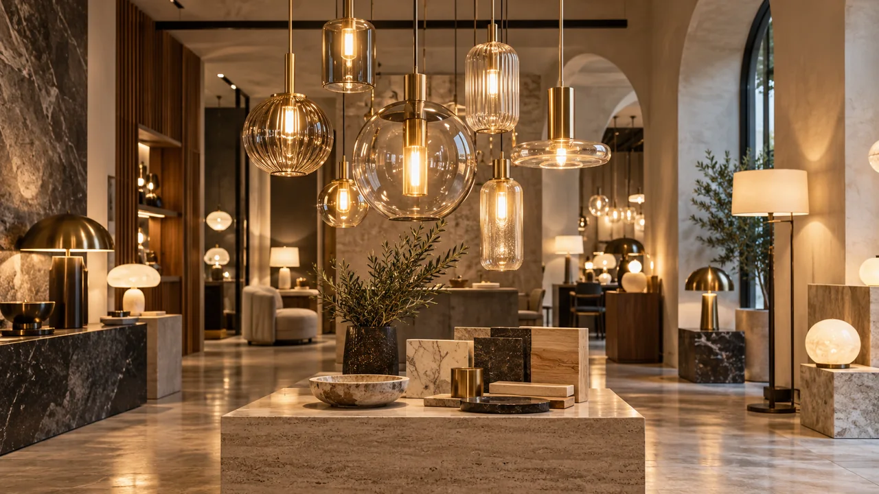 Showroom di illuminazione con lampade a sospensione e campioni di materiali sul tavolo.