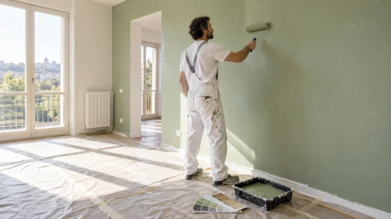 Imbianchino al lavoro con il rullo in un interno luminoso e campioni colore in primo piano