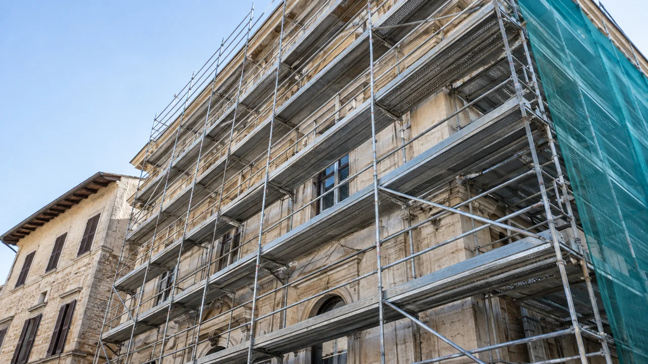 Scena illustrativa generata con AI: la geometria di un ponteggio lungo la facciata in pietra di un edificio.