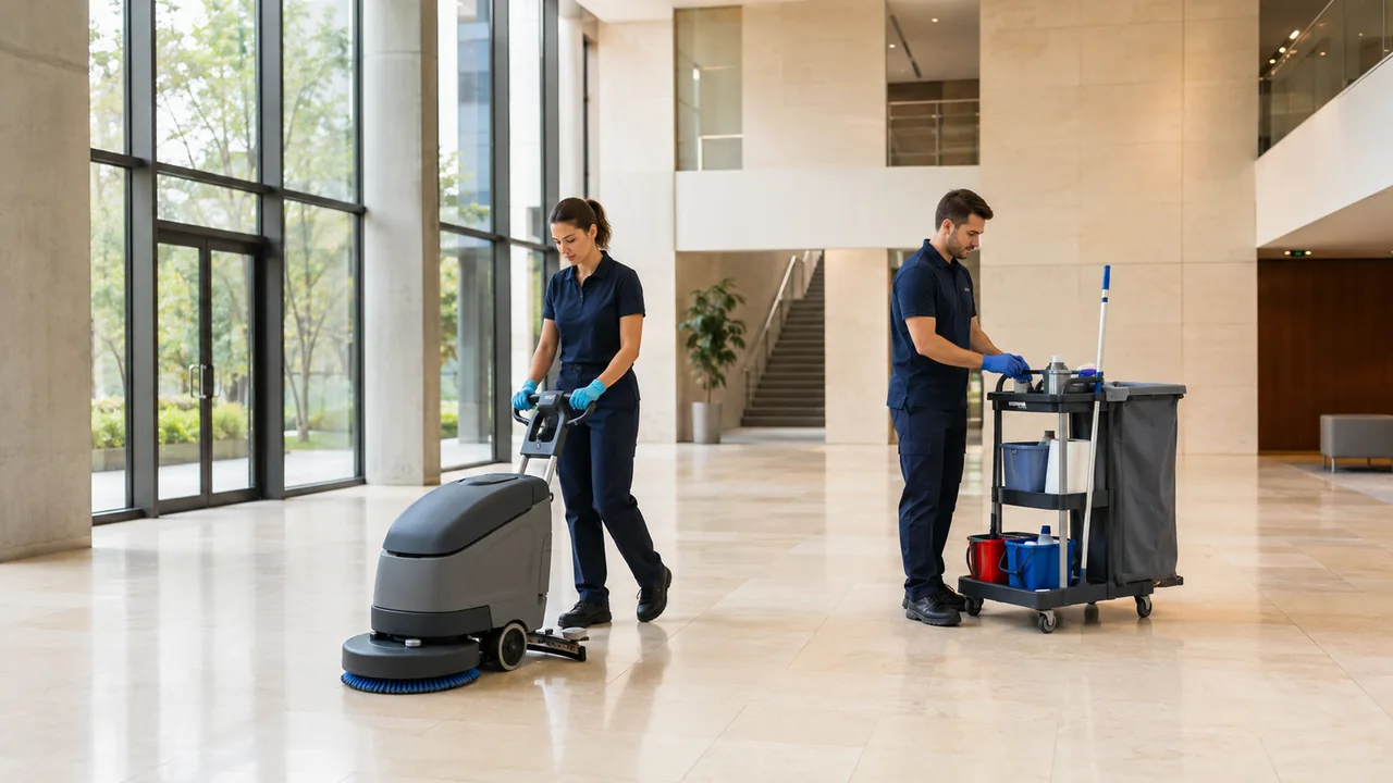 Due operatori delle pulizie lavorano nell’atrio luminoso di un edificio per uffici con lavapavimenti e carrello ordinato.