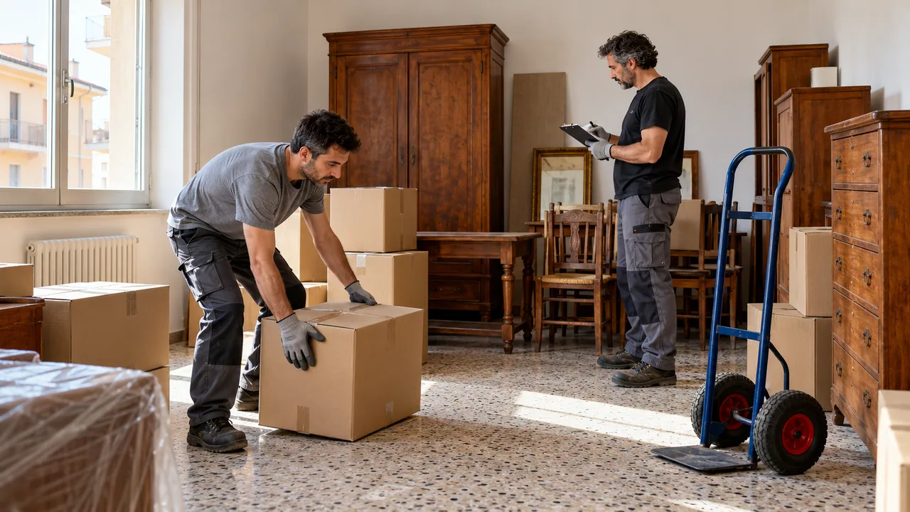 Operatori preparano lo sgombero di un locale con carrello e materiali ordinati
