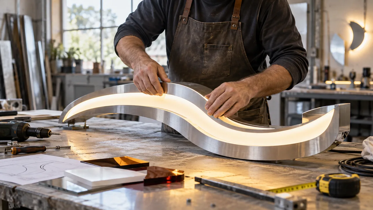 Un artigiano assembla un’insegna luminosa curva sul banco del laboratorio.