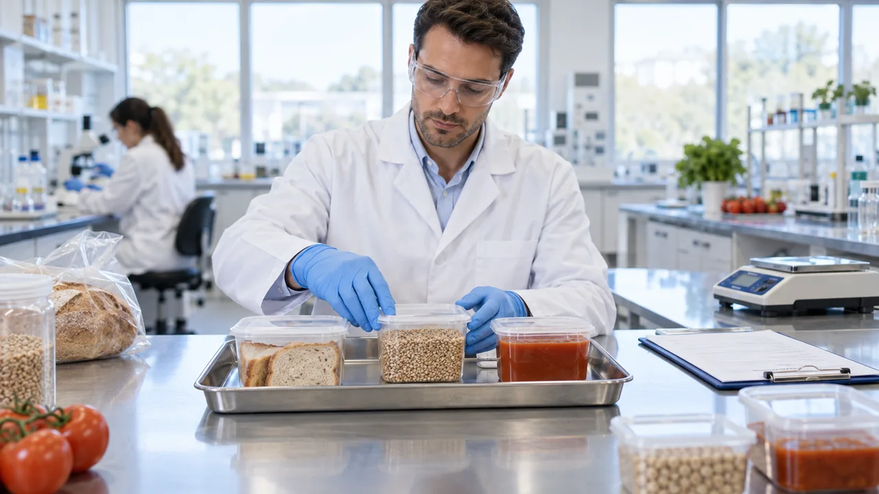 Tecnico di laboratorio prepara campioni alimentari identificati su un banco di lavoro con strumenti di analisi.