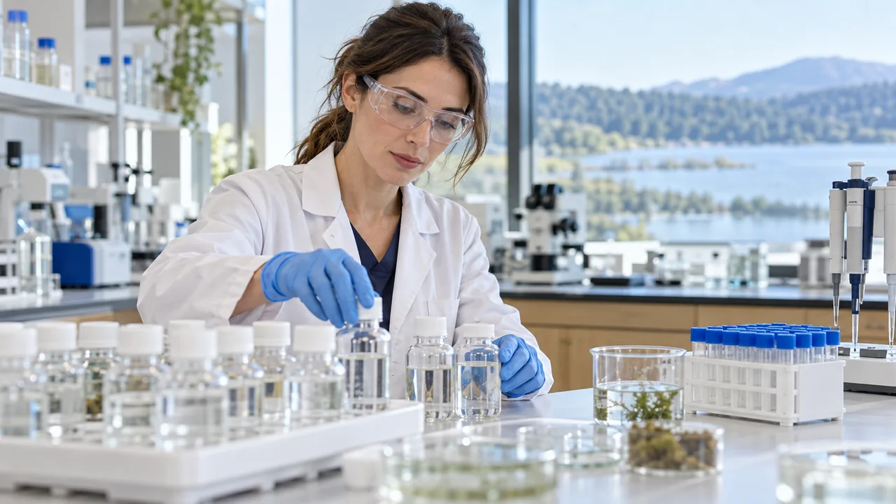 Scena illustrativa generata con AI: una tecnica prepara campioni d’acqua sul banco di un laboratorio luminoso.