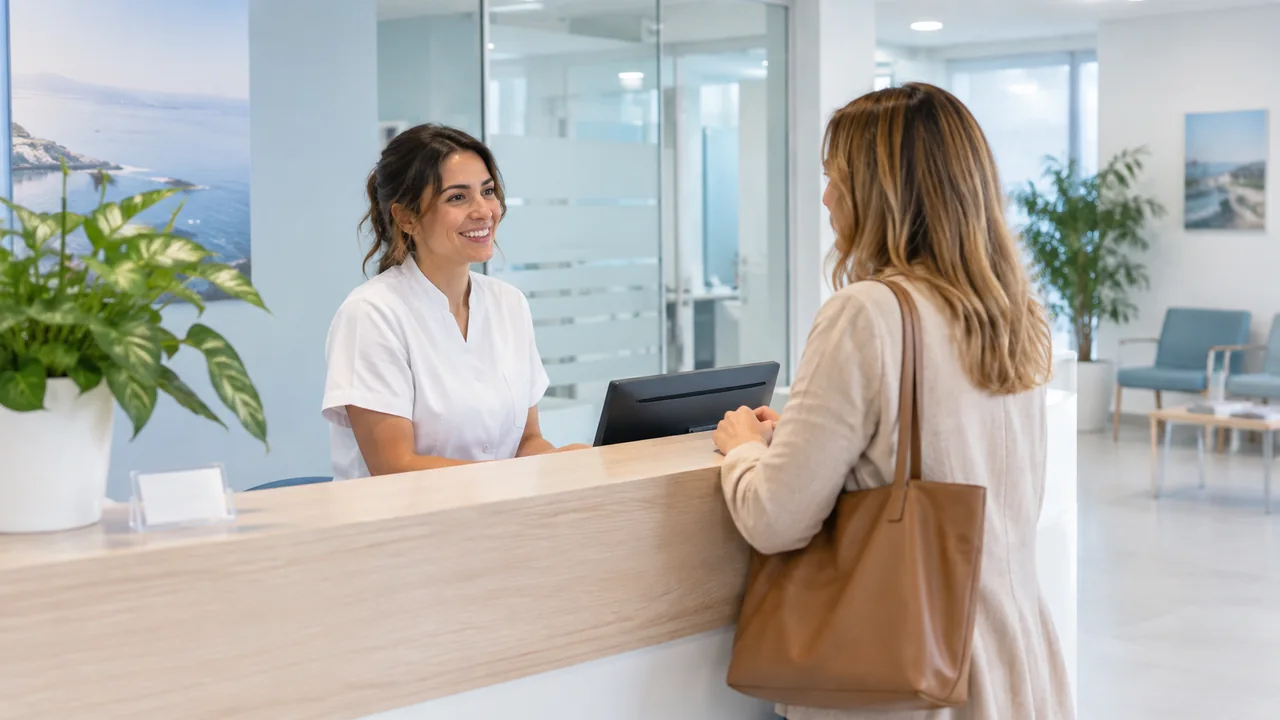 Scena illustrativa: una receptionist accoglie una visitatrice al banco di un laboratorio di analisi cliniche.
