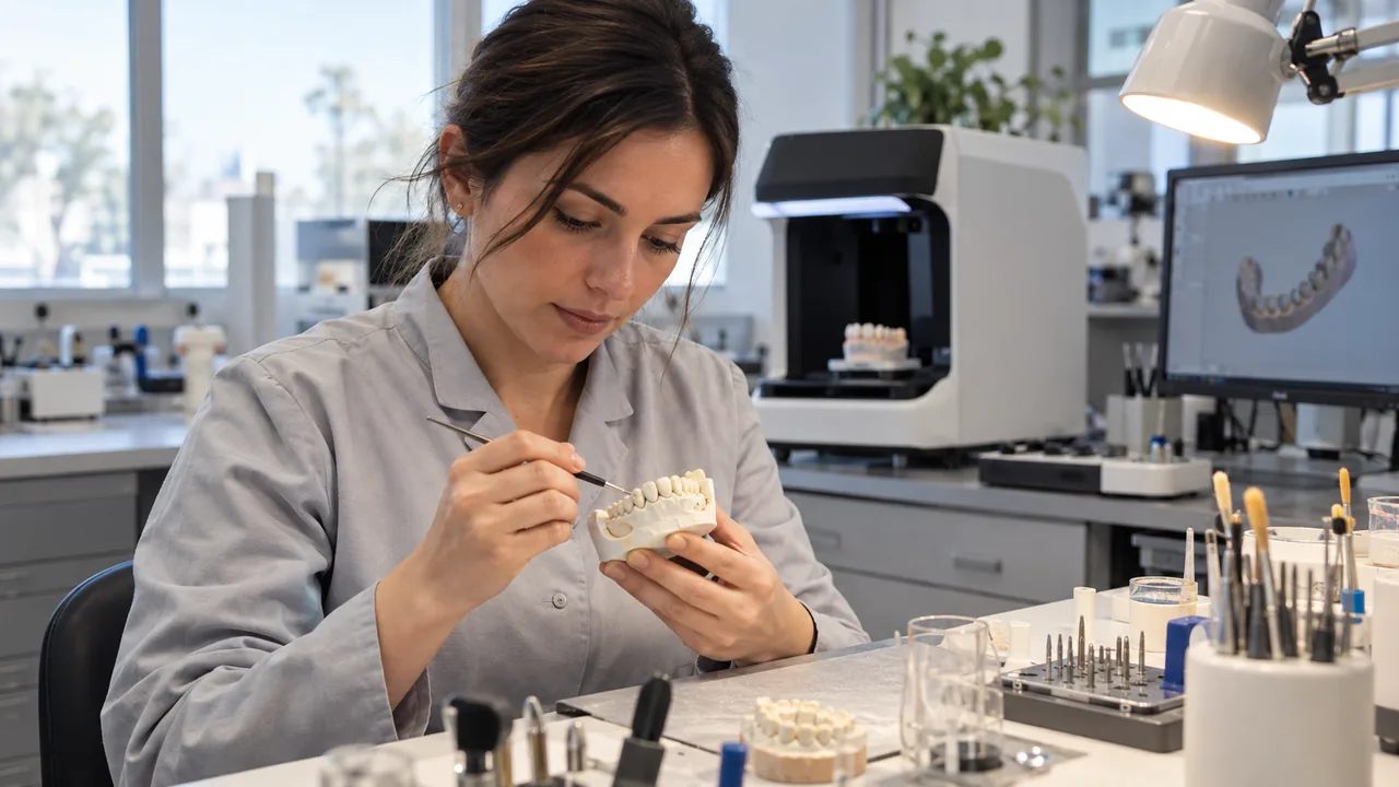 Un’odontotecnica esamina un modello dentale dimostrativo al banco di laboratorio, in una scena illustrativa.