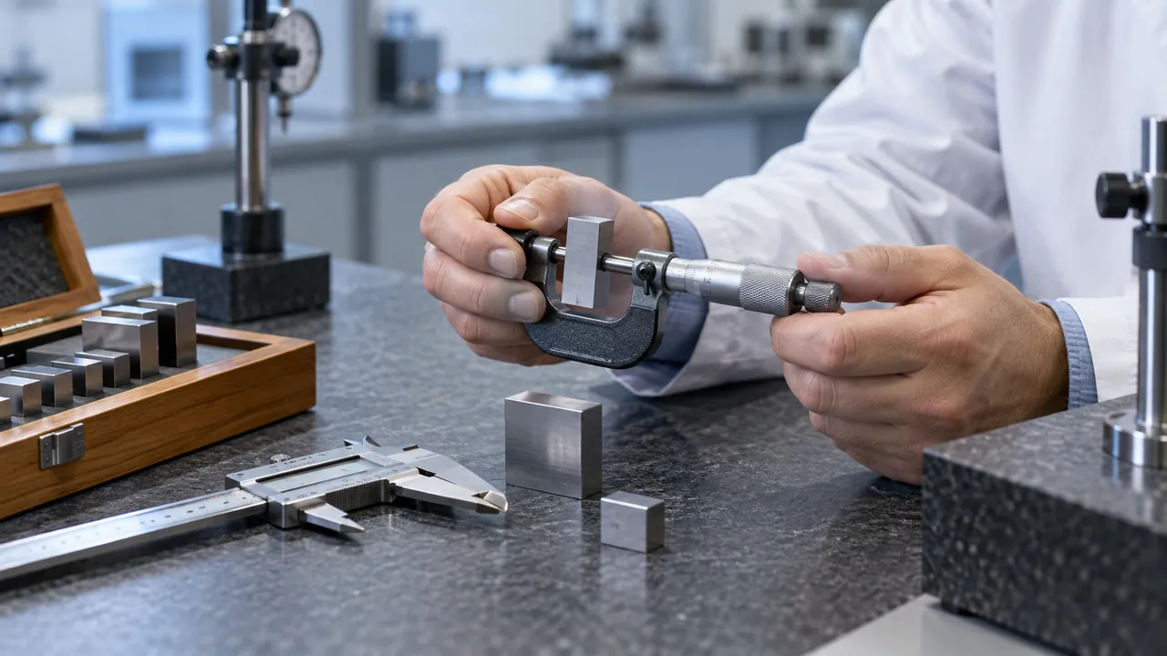Scena illustrativa: banco di un laboratorio di taratura con strumenti di misura e un tecnico impegnato in una verifica.
