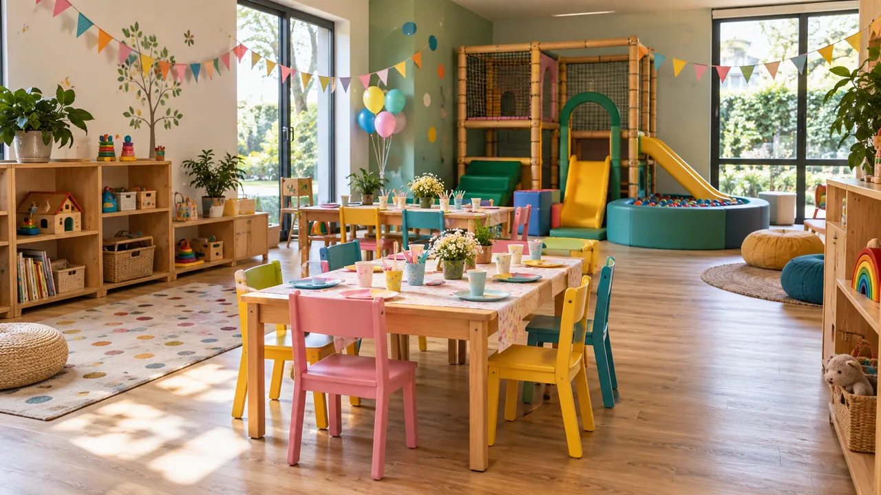 Sala per feste di bambini con tavoli preparati, giochi e decorazioni prima dell’arrivo degli ospiti