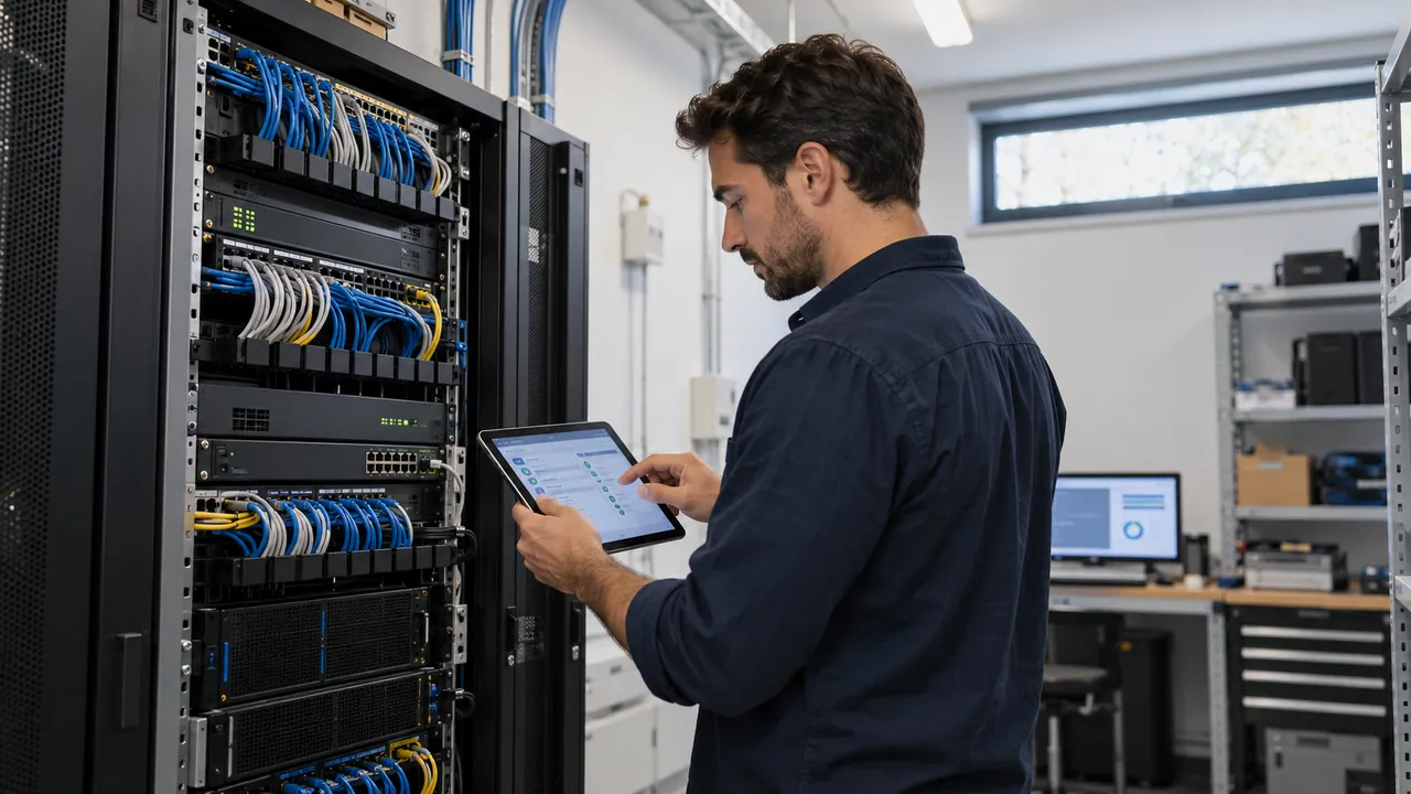 Tecnico con tablet accanto a un armadio server durante la preparazione di un intervento di manutenzione.