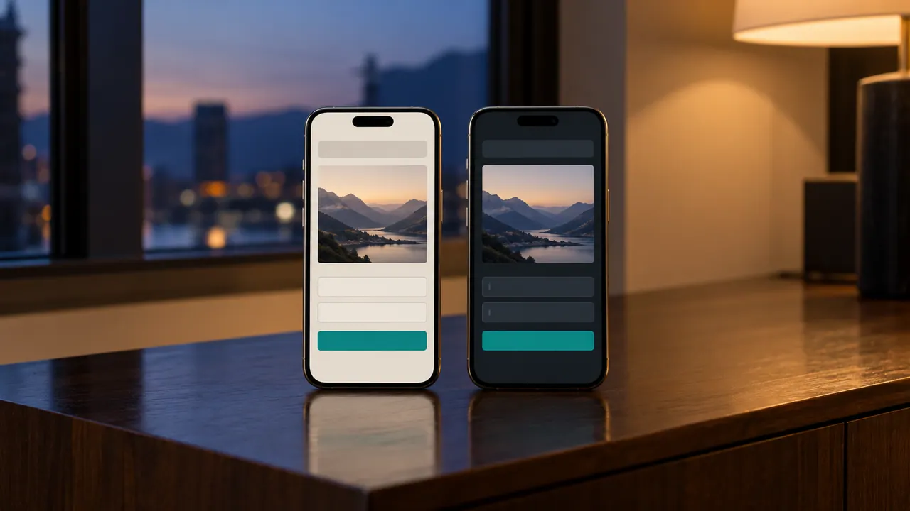 Due smartphone mostrano la stessa pagina dimostrativa con tema chiaro e scuro