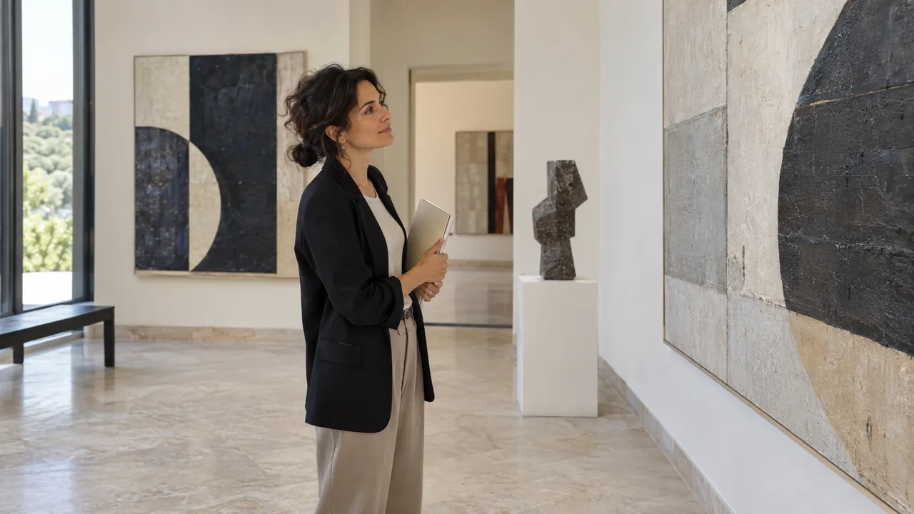 Una mediatrice museale prepara una visita in una sala luminosa con opere astratte e sculture.