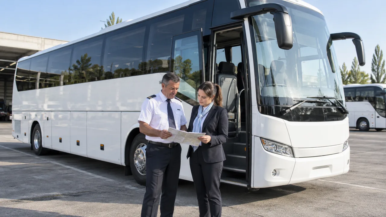 Pullman turistico in un piazzale con un autista e una referente del viaggio, in una scena illustrativa.